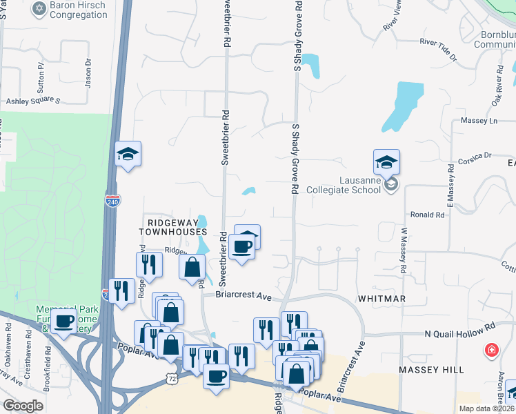 map of restaurants, bars, coffee shops, grocery stores, and more near 6055 Wood Way Drive in Memphis