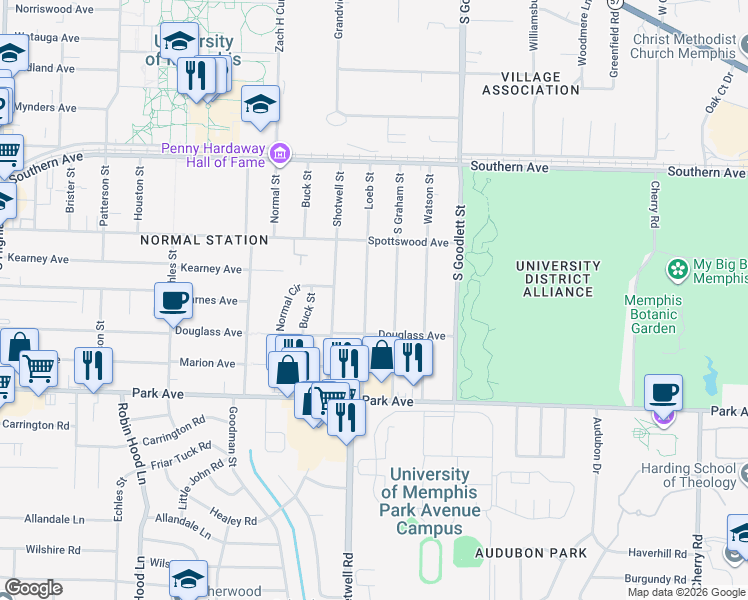 map of restaurants, bars, coffee shops, grocery stores, and more near 762 Loeb Street in Memphis