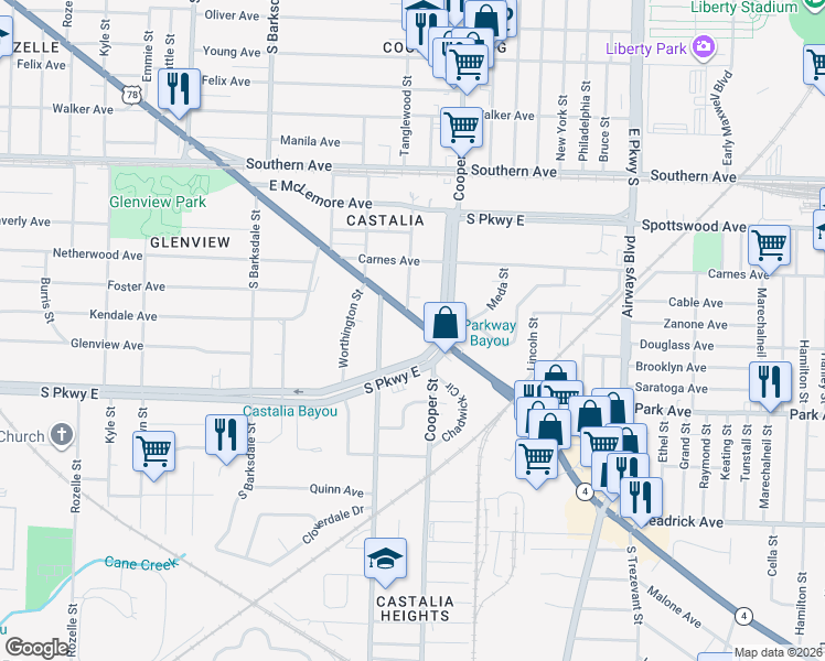 map of restaurants, bars, coffee shops, grocery stores, and more near in Memphis