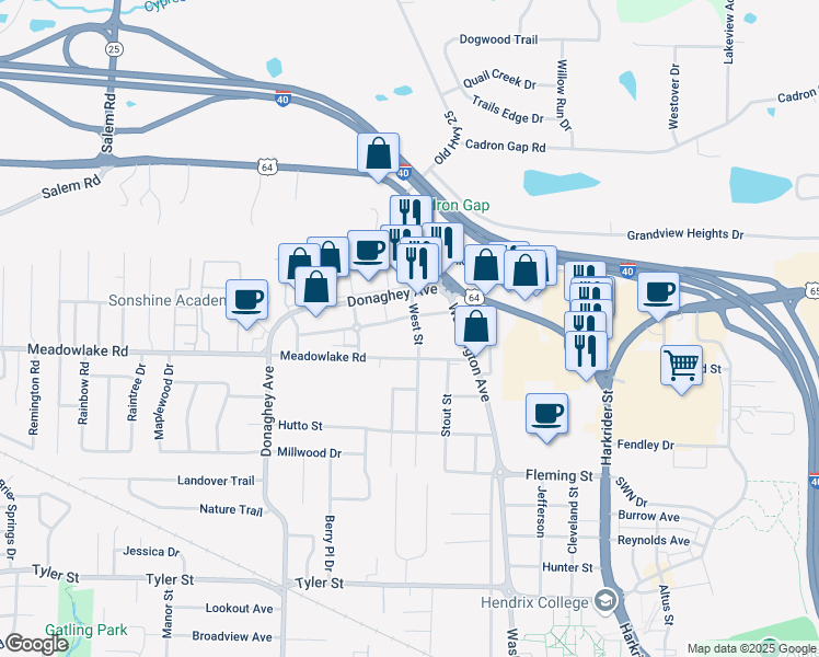 map of restaurants, bars, coffee shops, grocery stores, and more near 2455 Washington Avenue in Conway