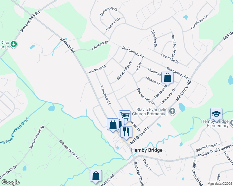 map of restaurants, bars, coffee shops, grocery stores, and more near 8100 Hemby Wood Drive in Indian Trail