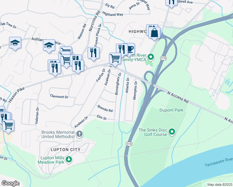 map of restaurants, bars, coffee shops, grocery stores, and more near 1499 Etowah Street in Chattanooga