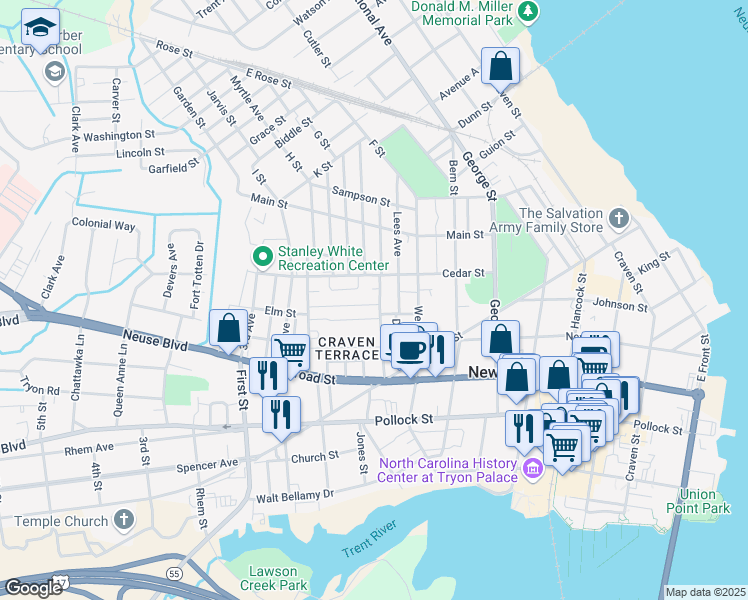 map of restaurants, bars, coffee shops, grocery stores, and more near 709 Oak Street in New Bern