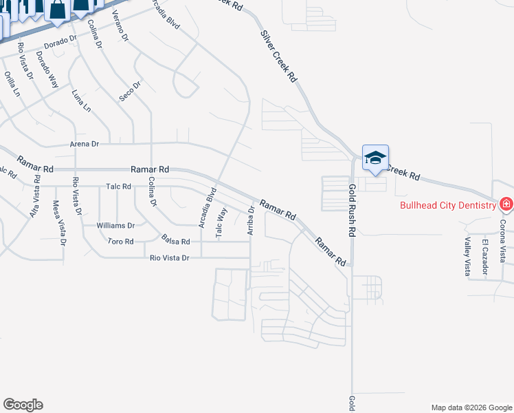 map of restaurants, bars, coffee shops, grocery stores, and more near 1630 Arriba Drive in Bullhead City