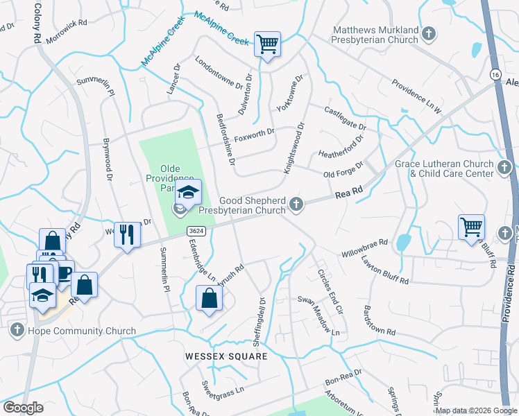 map of restaurants, bars, coffee shops, grocery stores, and more near 3423 Rea Road in Charlotte