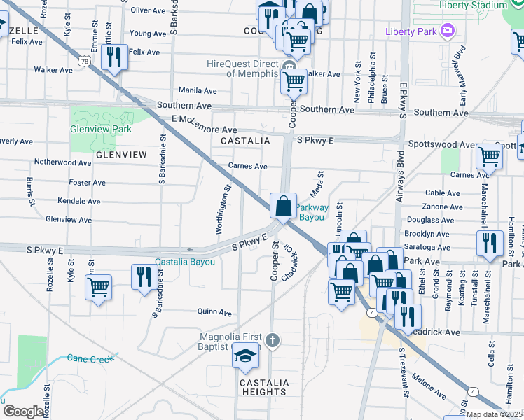 map of restaurants, bars, coffee shops, grocery stores, and more near in Memphis