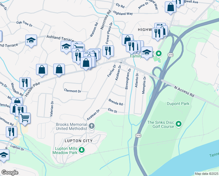 map of restaurants, bars, coffee shops, grocery stores, and more near 3920 Azalean Drive in Chattanooga