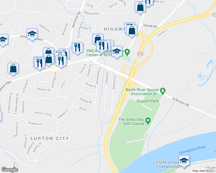 map of restaurants, bars, coffee shops, grocery stores, and more near 3932 Atlanta Drive in Chattanooga