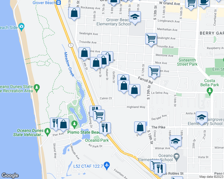 map of restaurants, bars, coffee shops, grocery stores, and more near 974 Griffin Street in Grover Beach