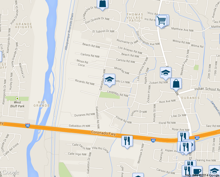 map of restaurants, bars, coffee shops, grocery stores, and more near 1650 Gabaldon Drive Northwest in Albuquerque