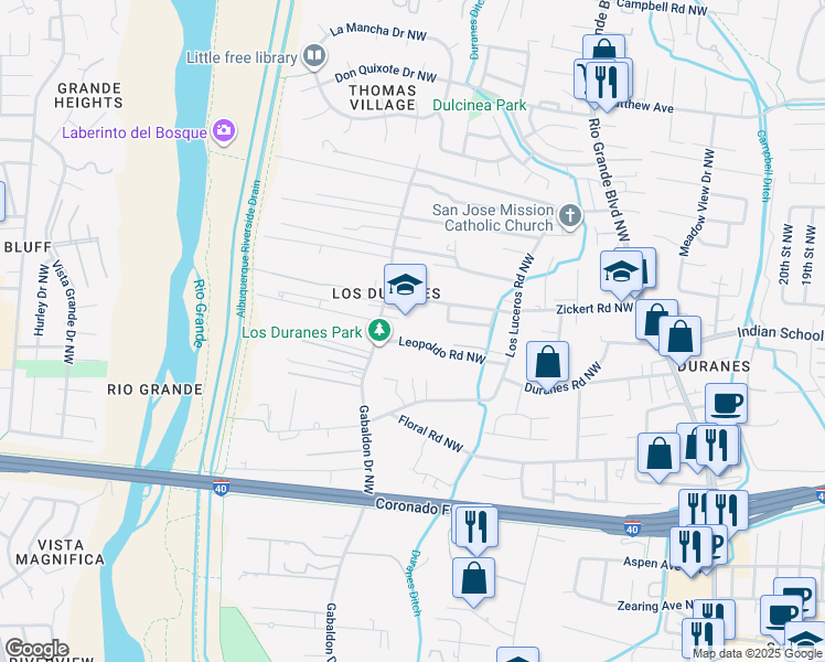 map of restaurants, bars, coffee shops, grocery stores, and more near 1650 Gabaldon Drive Northwest in Albuquerque