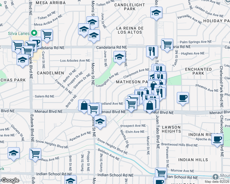 map of restaurants, bars, coffee shops, grocery stores, and more near 2413 Martha Street Northeast in Albuquerque