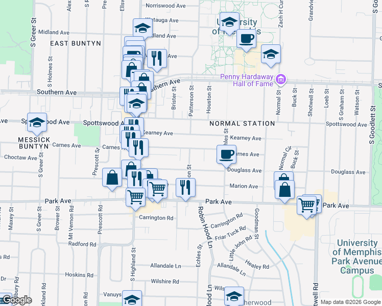map of restaurants, bars, coffee shops, grocery stores, and more near 750 Patterson Street in Memphis
