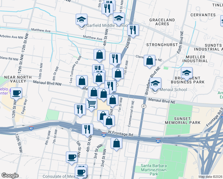 map of restaurants, bars, coffee shops, grocery stores, and more near in Albuquerque
