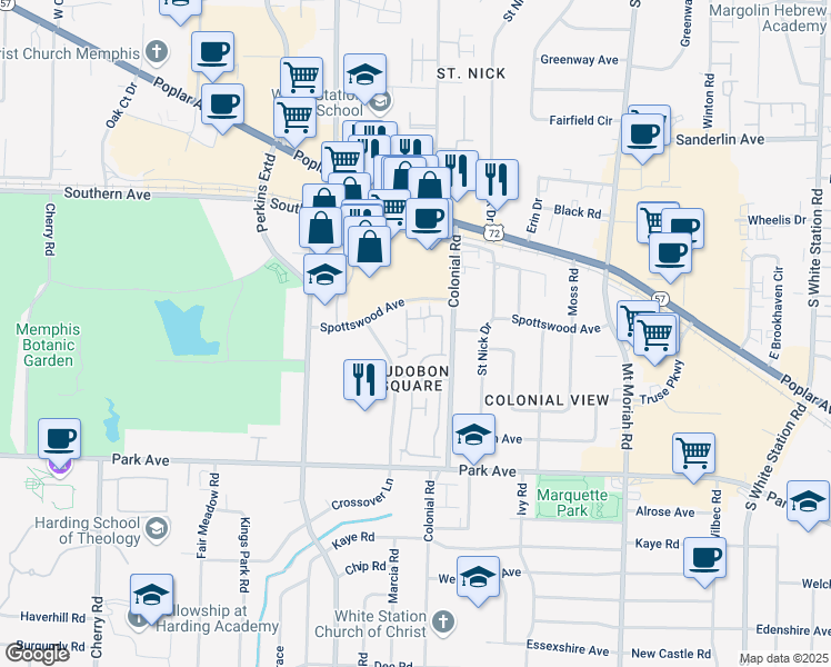 map of restaurants, bars, coffee shops, grocery stores, and more near 832 Thistledown Drive in Memphis