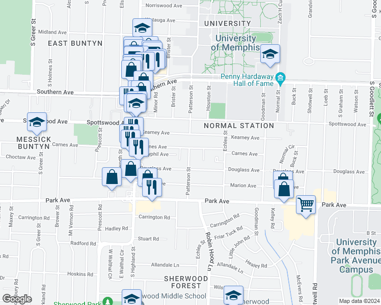 map of restaurants, bars, coffee shops, grocery stores, and more near 3633 Carnes Avenue in Memphis