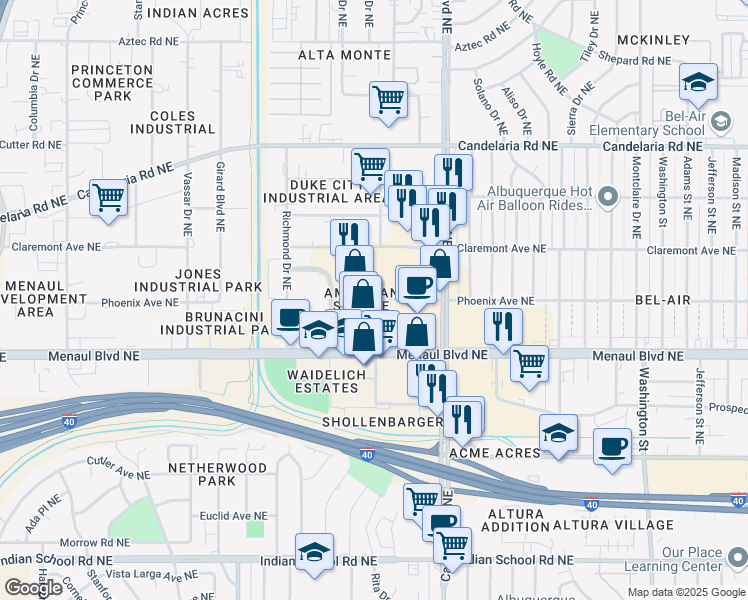 map of restaurants, bars, coffee shops, grocery stores, and more near 3538 Phoenix Avenue Northeast in Albuquerque