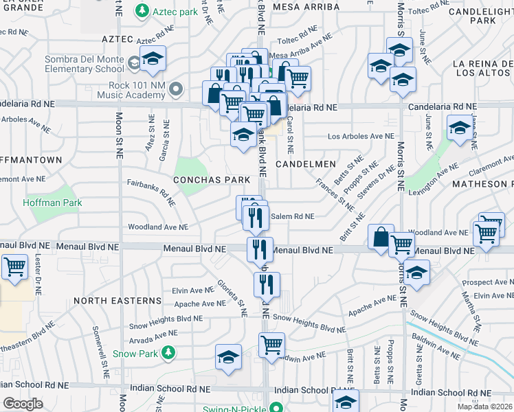 map of restaurants, bars, coffee shops, grocery stores, and more near 9700 Salem Road Northeast in Albuquerque