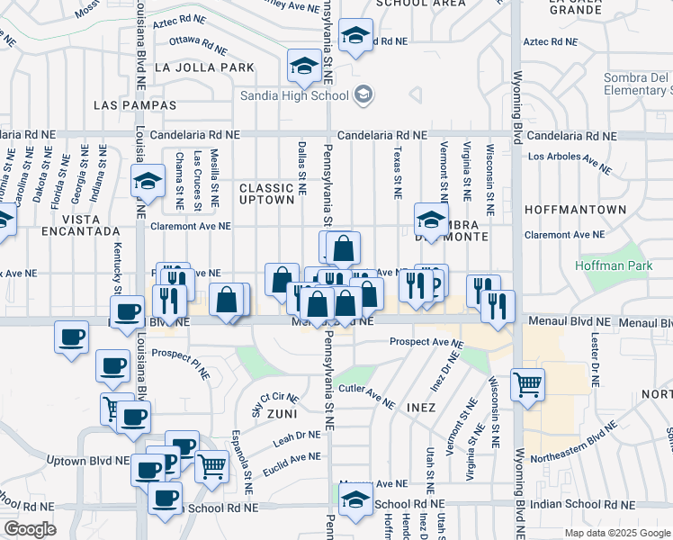 map of restaurants, bars, coffee shops, grocery stores, and more near 2625 Pennsylvania Street Northeast in Albuquerque