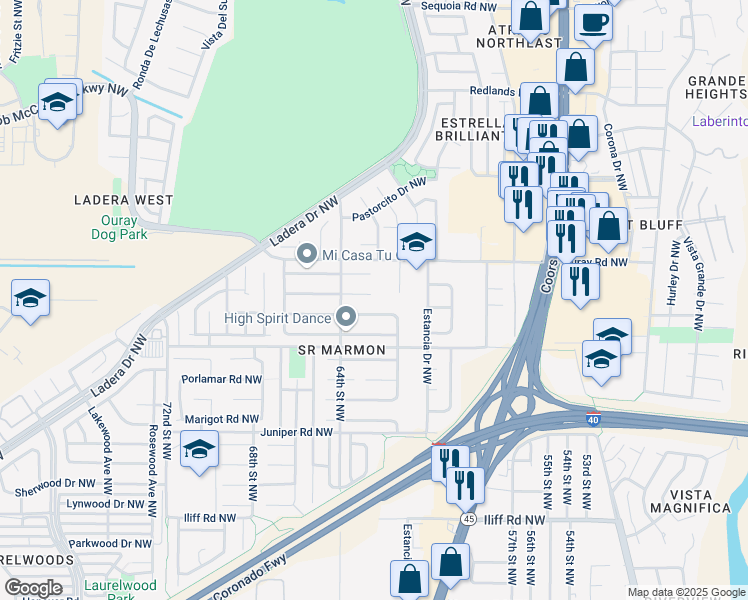 map of restaurants, bars, coffee shops, grocery stores, and more near 6300 Amberside Road Northwest in Albuquerque