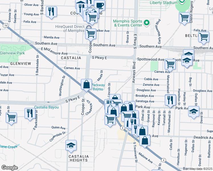 map of restaurants, bars, coffee shops, grocery stores, and more near 2231 Longstreet Drive in Memphis