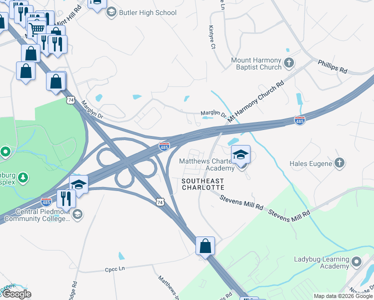 map of restaurants, bars, coffee shops, grocery stores, and more near in Matthews
