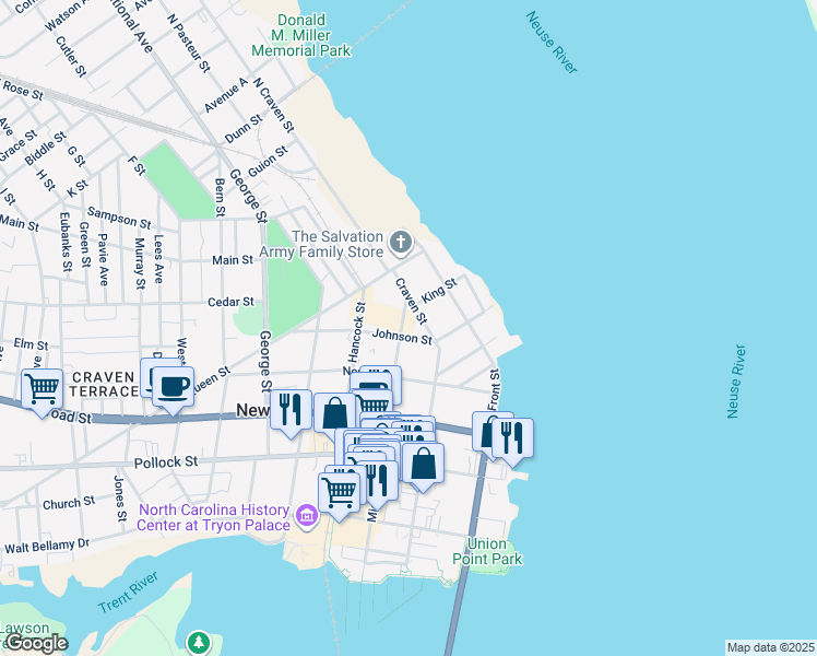 map of restaurants, bars, coffee shops, grocery stores, and more near 602 Middle Street in New Bern