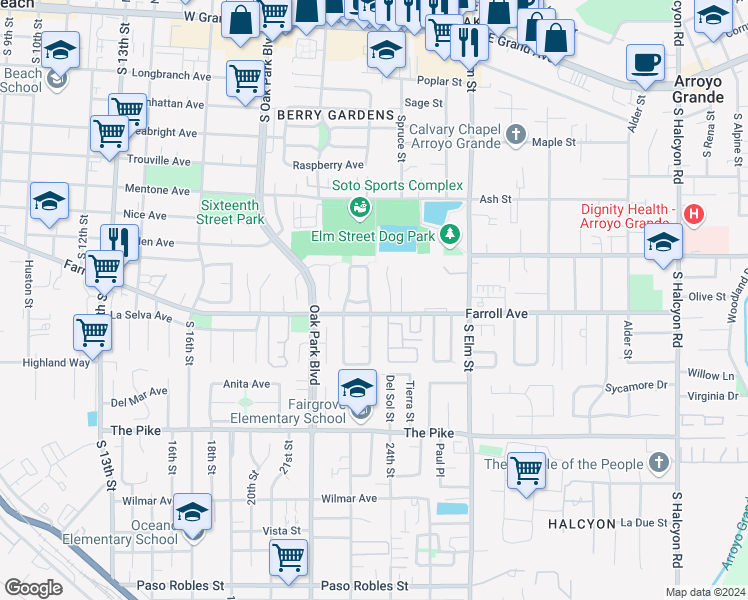map of restaurants, bars, coffee shops, grocery stores, and more near 425 Bakeman Lane in Arroyo Grande