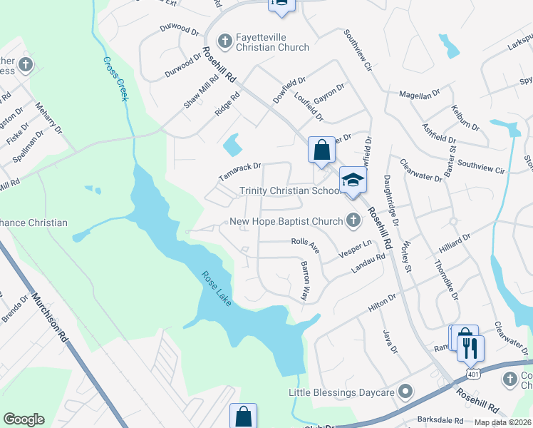 map of restaurants, bars, coffee shops, grocery stores, and more near 3585 Torbay Drive in Fayetteville