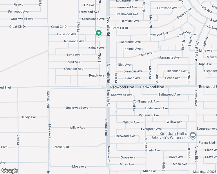 map of restaurants, bars, coffee shops, grocery stores, and more near 8100 Redwood Boulevard in California City