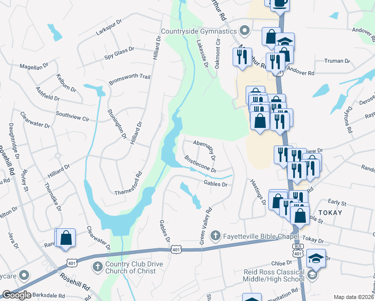 map of restaurants, bars, coffee shops, grocery stores, and more near 460 Bristlecone Drive in Fayetteville