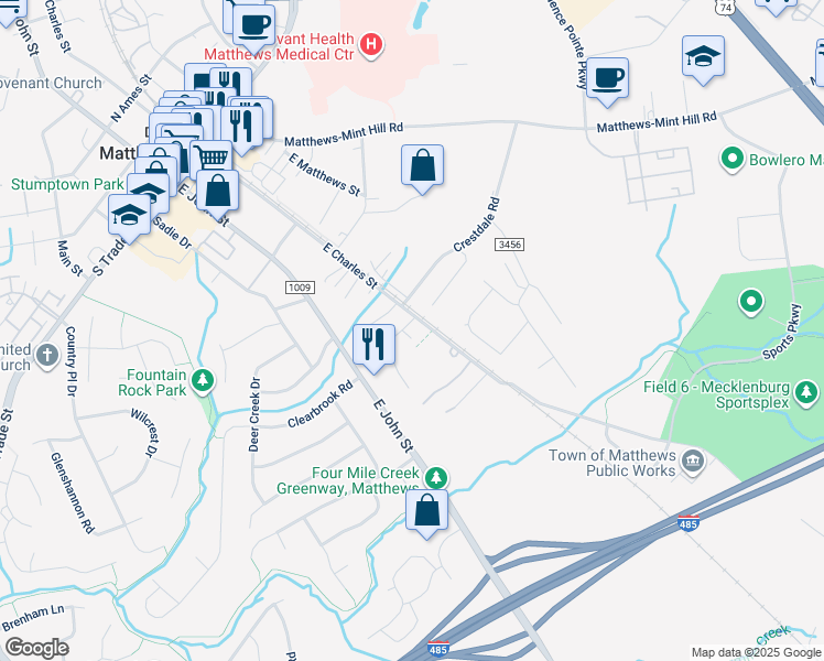 map of restaurants, bars, coffee shops, grocery stores, and more near 105 George Clay Lane in Matthews