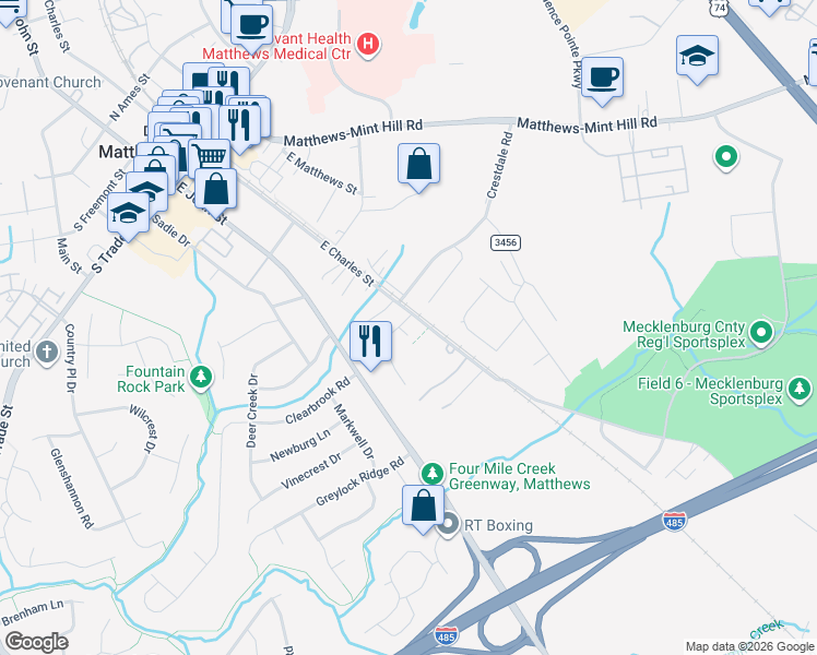 map of restaurants, bars, coffee shops, grocery stores, and more near 105 George Clay Lane in Matthews