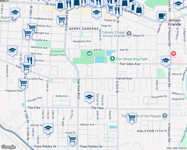 map of restaurants, bars, coffee shops, grocery stores, and more near 425 Bakeman Lane in Arroyo Grande