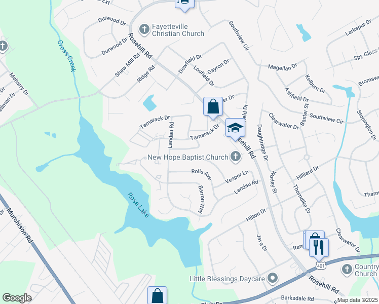 map of restaurants, bars, coffee shops, grocery stores, and more near 3557 Torbay Drive in Fayetteville