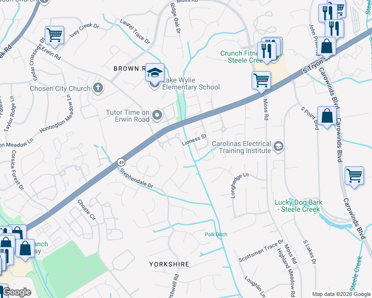 map of restaurants, bars, coffee shops, grocery stores, and more near 13130 Erwin Road in Charlotte