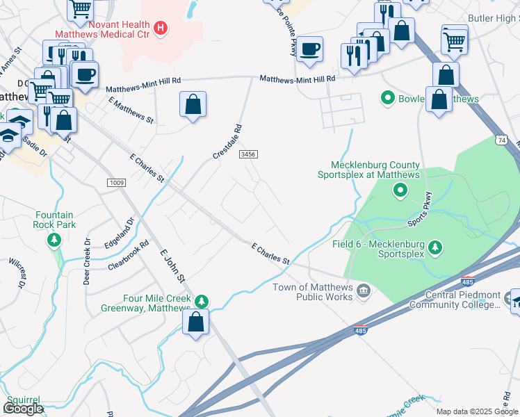 map of restaurants, bars, coffee shops, grocery stores, and more near 444 Amir Circle in Matthews
