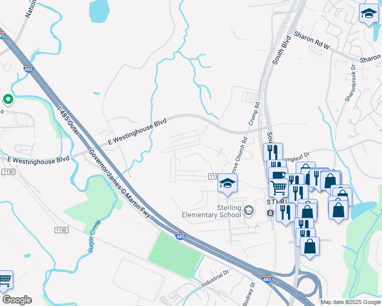 map of restaurants, bars, coffee shops, grocery stores, and more near 823 Aileen Circle in Pineville