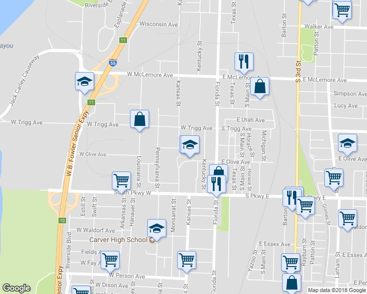 map of restaurants, bars, coffee shops, grocery stores, and more near 80 West Olive Avenue in Memphis