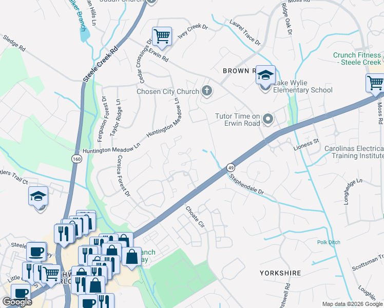 map of restaurants, bars, coffee shops, grocery stores, and more near 12817 Sickles Drive in Charlotte