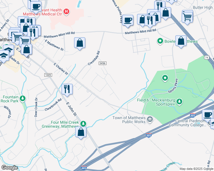 map of restaurants, bars, coffee shops, grocery stores, and more near 416 Amir Circle in Matthews