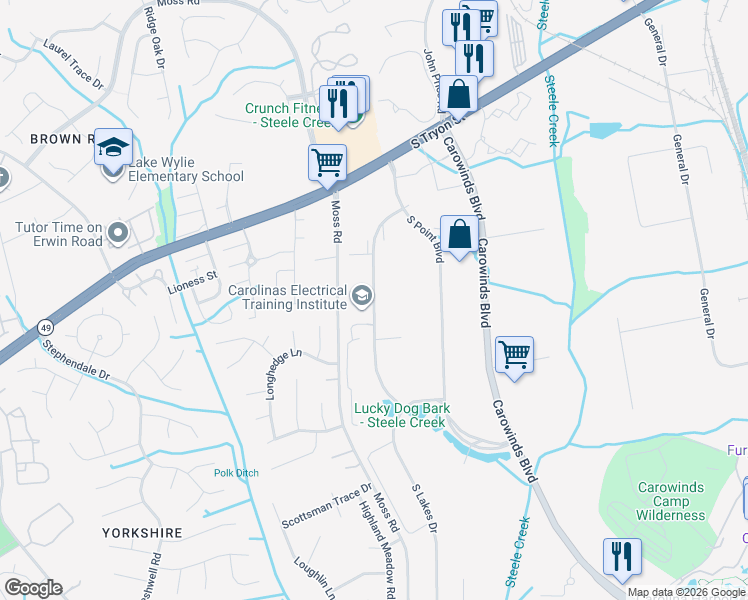 map of restaurants, bars, coffee shops, grocery stores, and more near South Ridge Drive in Charlotte