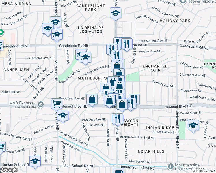 map of restaurants, bars, coffee shops, grocery stores, and more near 11201 Menaul Boulevard Northeast in Albuquerque