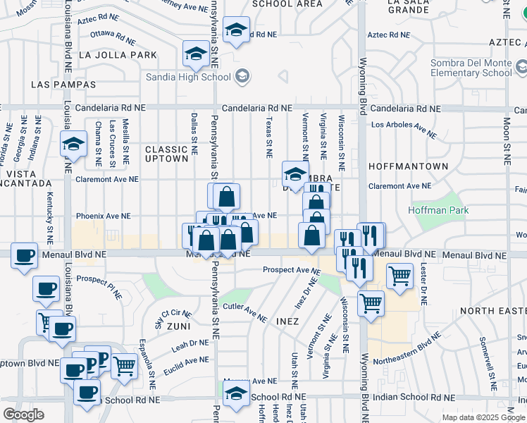 map of restaurants, bars, coffee shops, grocery stores, and more near 2629 Texas Street Northeast in Albuquerque