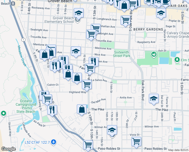 map of restaurants, bars, coffee shops, grocery stores, and more near 1115 Refugio Street in Grover Beach