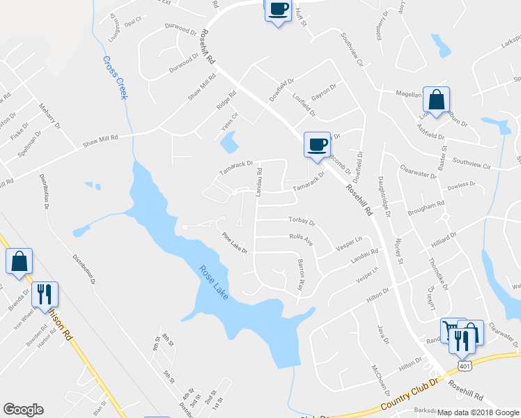 map of restaurants, bars, coffee shops, grocery stores, and more near 3585 Torbay Drive in Fayetteville