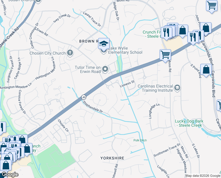 map of restaurants, bars, coffee shops, grocery stores, and more near 13414 Bolingbrook Lane in Charlotte