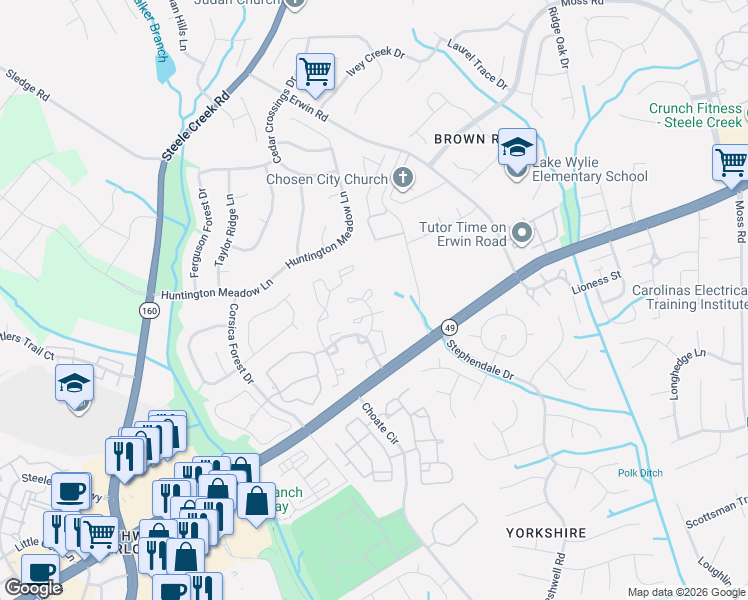 map of restaurants, bars, coffee shops, grocery stores, and more near 12817 Sickles Drive in Charlotte