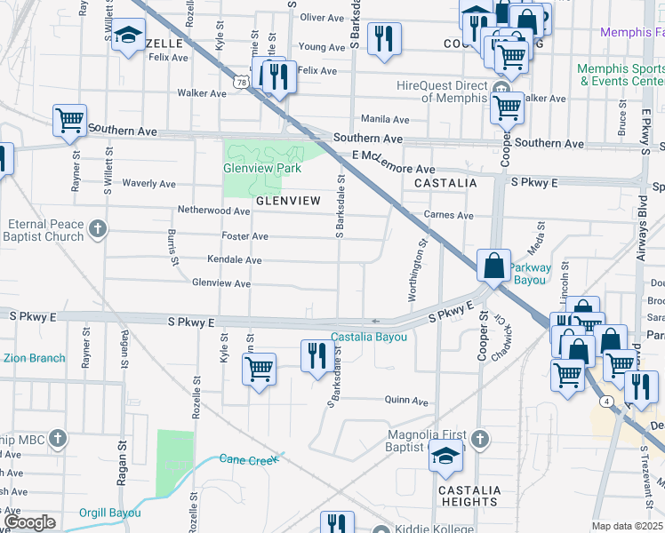 map of restaurants, bars, coffee shops, grocery stores, and more near 1878 Glenview Avenue in Memphis