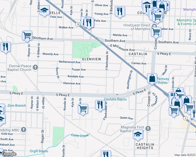 map of restaurants, bars, coffee shops, grocery stores, and more near 1878 Glenview Avenue in Memphis